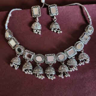 Oxidized German Silver Mirror  Necklace with Jumki for Women and Girls silver