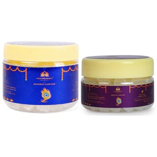 Manokamna Combo Pack 100g Bhimseni Camphor + 25g Premium Camphor Tablet for Daily Puja and Air Purification