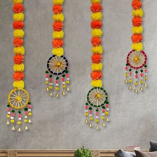 Tiny Shiny Handmade Colorful Pom Pom Bell Wall and Door Decor Hangings for HomeFestive Decoration pack of 4