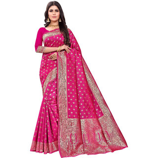 LEAFSY Embellished Banarasi Pure Silk Saree (Pink)
