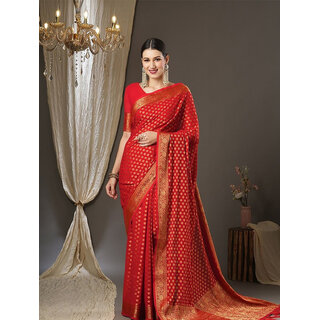 LEAFSY Woven Banarasi Pure Silk Saree (Red)