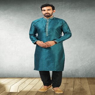 Raivat Ethnic Teal Blue Colour Jacquard Silk Brocade Kurta Pajama 1018 - Ethnic Wear | Buy online on ZillyBuy