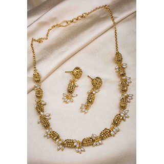 Antique Finish Golden Beads Necklace with Rice Pearl