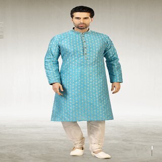 Modern Men Raivat Ethnic Sky Blue Colour Jacquard Silk Brocade Kurta Pajama 1036 2026 at ShopCir