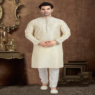 Premium Men Raivat Ethnic Cream Colour Jacquard Silk Brocade Kurta Pajama 1224 2026 at ShopCircu