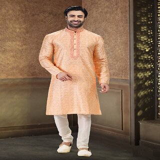 Raivat Ethnic Peach Colour Jacquard Banarasi Silk Thread Work Kurta Pajama 2025 - Ethnic Wear | Buy online on ZillyBuy