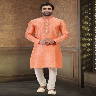 Stylish Men Raivat Ethnic Orange Colour Jacquard Banarasi Silk Thread Work Kurta Pajama 2027 202