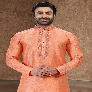 Stylish Men Raivat Ethnic Orange Colour Jacquard Banarasi Silk Thread Work Kurta Pajama 2027 202