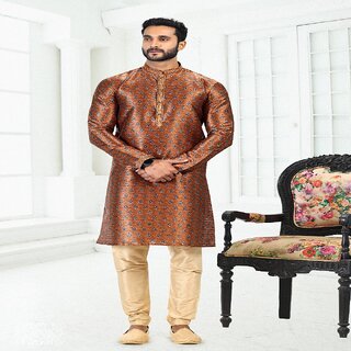 Raivat Ethnic Rust Brown Colour Banarasi Silk Digital Print Kurta Pajama 2068 - Ethnic Wear | Buy online on ZillyBuy