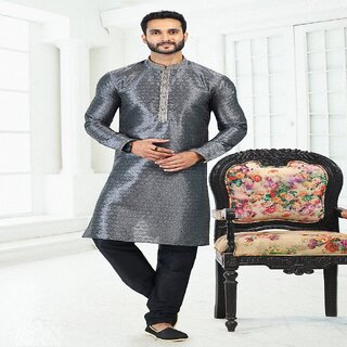 Raivat Ethnic Grey Colour Banarasi Silk Digital Print Kurta Pajama 2070 - Ethnic Wear | Buy online on ZillyBuy