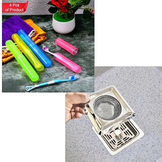 Combo of : 4 Pc Plastic Toothbrush Cover Anti Container | Kitchen Sink Stainless Steel Pop-Up Strainer(11 Set of 1) - Cookware | Buy online on ZillyBuy