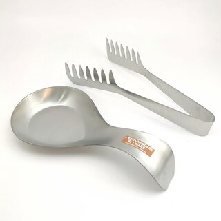 iWARE KkitchenCare Elite Spoon Rest Holder and Spaghetti Tong Set. (Stainless Steel) (Silver)