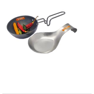 i WARE KkitchenCare Hard Anodized Tadka Pan/Spice Heating Pan (Black) Stainless Steel Spoon Rest Holder (Silver)