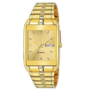 classic mens analog watch metal strap with day and date indicator golden 
