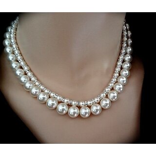 techiefox luxurious double strand faux pearl necklace for women elegant layered pearl choker with crystal accents