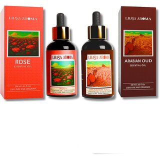 Lhasa Aroma Essential Oil Combo  Arabian Oud  Rose (100ml Each)  100 Pure  Natural Luxury Oils  Ideal for Diffuser