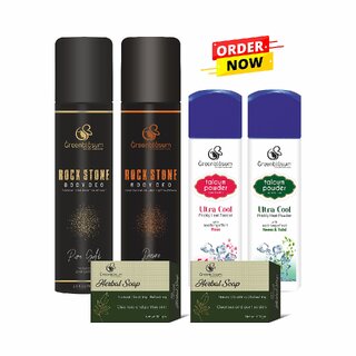 greenblsum face body care combo pack 4 items rock stone pure gold desire talcum powder rose and neem tulsi 2 soap