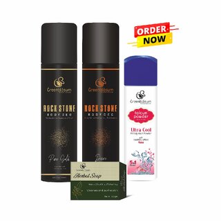 greenblsum face body care combo pack 4 items rock stone pure gold desire talcum powder rose herbal soap