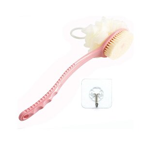 2 in 1 exfoliating back scrubber bath brush with bristles and loofah long curved handle for easy reach