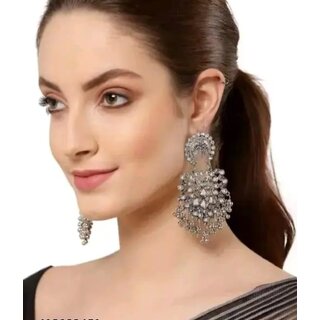 oxidised silver chandelier earrings traditional floral design with pearl beads antique finish