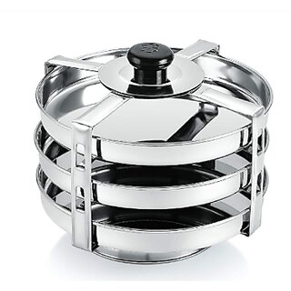 Stainless Steel Dhokla Maker, Thatte Idli Maker, 3 Big Plates Set With Stand Standard Idli Maker (3 Plates , 3 Idlis ) - Cookware | Buy online on ZillyBuy