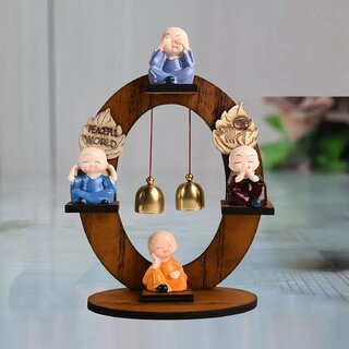 Tiny Shiny Set of 4 Adorable Buddha Monks On Wooden Stand with Bells for Peaceful Home Decor