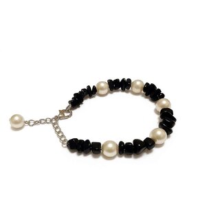Techiefox Stylish Pearl and Black Beaded Bracelet  Trendy Adjustable Chain Bracelet with Heart Clasp for Women - Bangles & Bracelets | Buy online on ZillyBuy