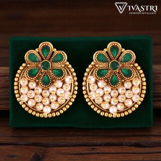 Vivastri Traditional Alloy Pearl Gold Plated Stud Earrings for Women & Girls [VIVA2569ERG-GREEN] - Earrings | Buy online on ZillyBuy