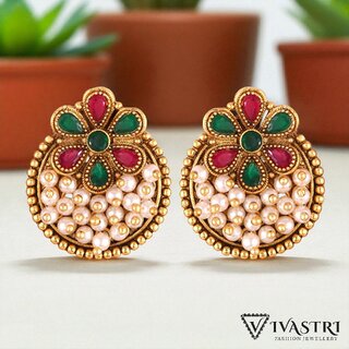 Vivastri Traditional Alloy Pearl Gold Plated Stud Earrings for Women & Girls [VIVA2569ERG-MULTI] - Earrings | Buy online on ZillyBuy