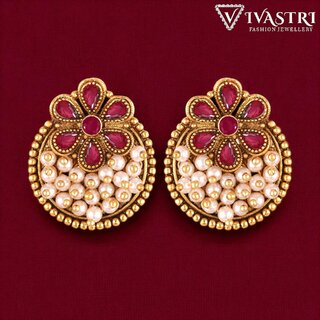 Vivastri Traditional Alloy Pearl Gold Plated Stud Earrings for Women & Girls [VIVA2569ERG-RED] - Earrings | Buy online on ZillyBuy