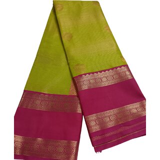 Exquisite Kanchi Silk Fabric with Parat Green and Magenta Zari Buttas - Sarees | Buy online on ZillyBuy