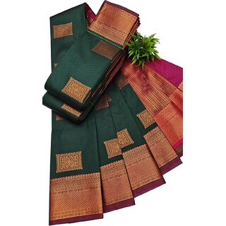 Elegant Dark Green Silk Saree with Intricate Copper Border - Sarees | Buy online on ZillyBuy