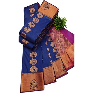 Elegant Dark Blue Silk Saree with Zari Butta and Copper Border - Sarees | Buy online on ZillyBuy