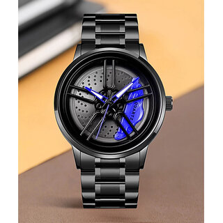 spinner black black stainless steel strap round dial shape blue dial quartz analog watch for mens