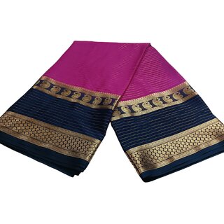 Exquisite Magenta Crape Silk Saree with Dark Blue Border and Blouse - Sarees | Buy online on ZillyBuy