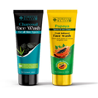 Forever bliss Day  Night Face Cleansing Combo With Brightening Papaya Face Wash 60ml  Charcoal Face Wash 60ml (Combo P