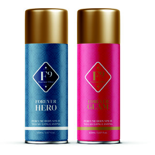 F9 Forever Glam and Hero Long Lasting Freshness Deodorant Perfume Body Spray For Men and women (150ml2) Pack of 2
