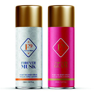 F9 Forever Glam and Musk Long Lasting Freshness Deodorant Perfume Body Spray For Men and women (150ml2) Pack of 2
