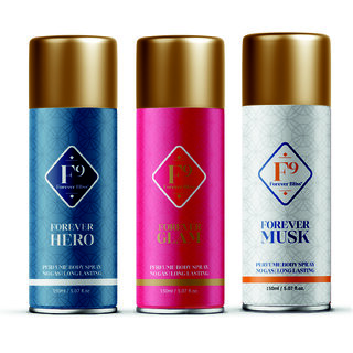 F9 Forever Hero, Glam and Musk Long Lasting Freshness Deodorant Perfume Body Spray For Men and women (150ml3)