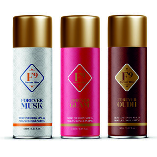 F9 Forever Musk, Outh Glam Long Lasting Freshness Deodorant Perfume Body Spray For Men and women (150ml3)