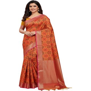 Exquisite Pochampally Floral Print Orange Saree with Pink Border - Sarees | Buy online on ZillyBuy