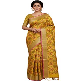 Exquisite Mustard Pochampally Silk Saree with Intricate Floral Patterns - Sarees | Buy online on ZillyBuy