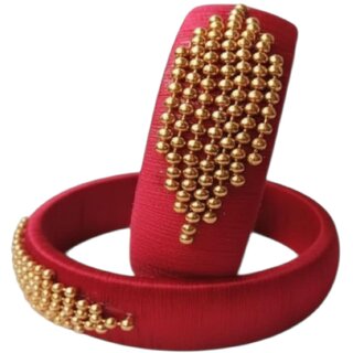 Traditional Red Silk Thread Bangles with Gold Beaded Design Wear Accessories, Set of 2