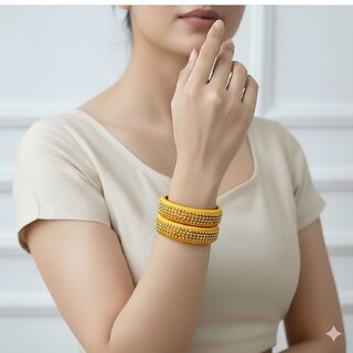 Traditional Yellow Silk Thread Bangles with Gold Beaded Design Wear Accessories, Set of 2