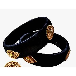 Traditional Blue Silk Thread Bangles with Gold Beaded Design Wear Accessories, Set of 2