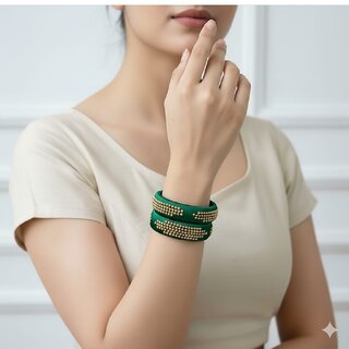 Traditional Green Silk Thread Bangles with Gold Beaded Design Wear Accessories, Set of 2