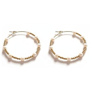 Gold and Pearl Beaded Hoop Earrings, Fashion Jewelry for Women, Elegant Round Design with White Pearl Accents
