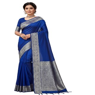 Exquisite Royal Blue Banaras Saree with Silver Zari Border - Sarees | Buy online on ZillyBuy