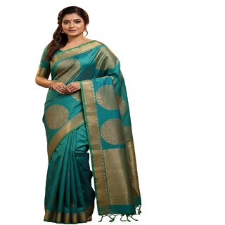 Exquisite Double Shaded Kanchi Silk Saree - Turquoise with Golden Motifs - Sarees | Buy online on ZillyBuy