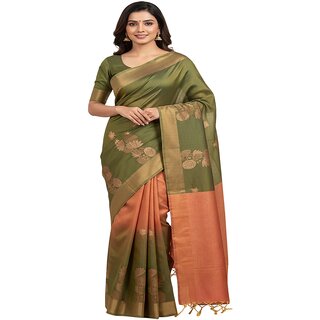 Exquisite Double Shaded Kanchi Silk Saree with Orange Pallu and Floral Motifs - Sarees | Buy online on ZillyBuy